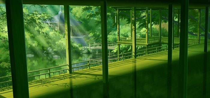 Japanese garden with a pond and traditional architecture