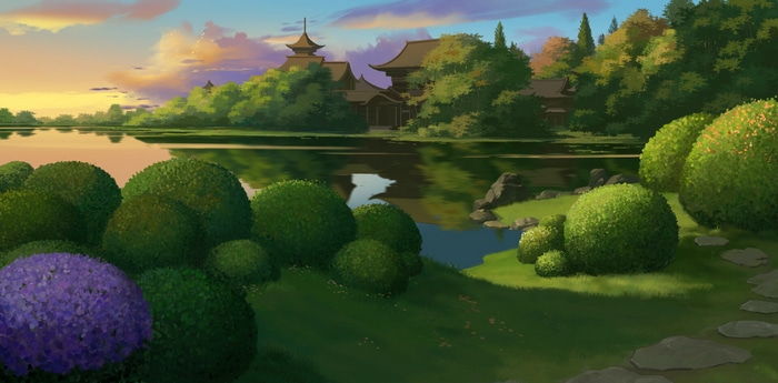 Asian architecture by a lake at sunset