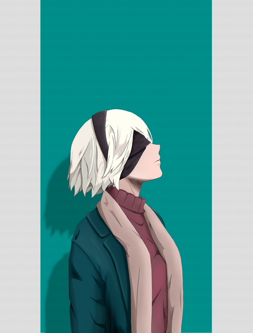 2B from Nier: Automata wearing a blindfold