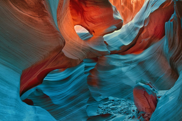 Antelope Canyon rock formations with colorful light