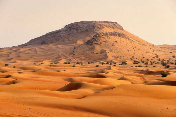 Desert landscape with sand dunes and a mountain