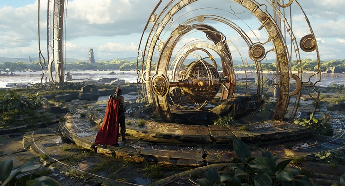 Fantasy landscape with a knight and a golden sphere machine