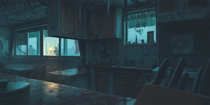 Abandoned dark kitchen with a view
