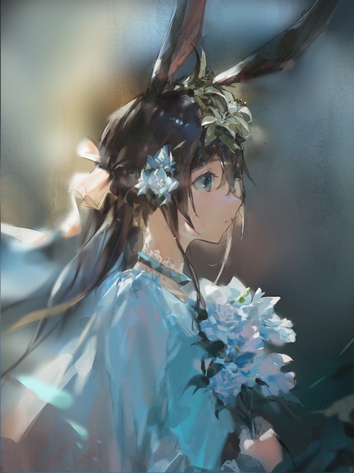 Amiya from Arknights with bunny ears and flowers