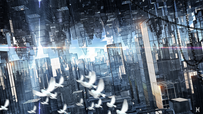 Anime cityscape with flying birds and futuristic architecture