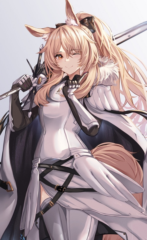 Blemishine from Arknights winks with a sword