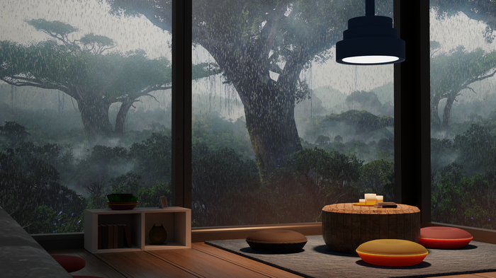 Rainy jungle view from a modern living room