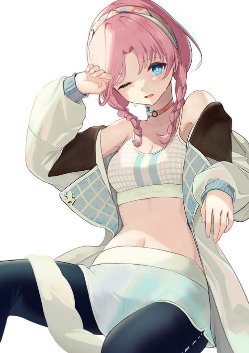 Blue Poison from Arknights with pink hair and blue eyes