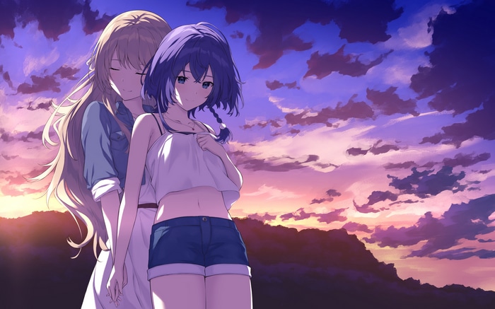 Two anime girls embracing at sunset