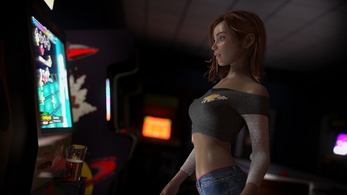 Woman in short top and jeans at arcade