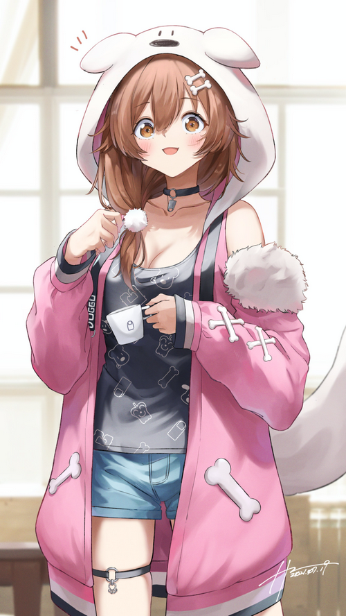 Inugami Korone in a pink hoodie with dog ears