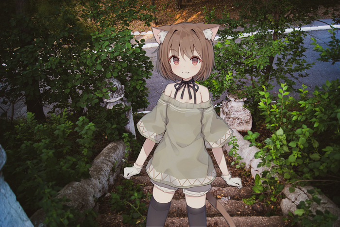 Anime cat girl on steps
