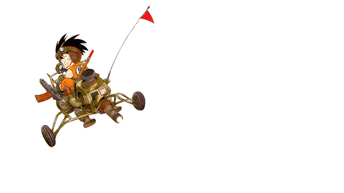 Kid Goku riding a futuristic vehicle with a red flag