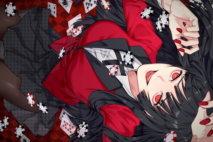 Jabami Yumeko from Kakegurui lying on cards and chips