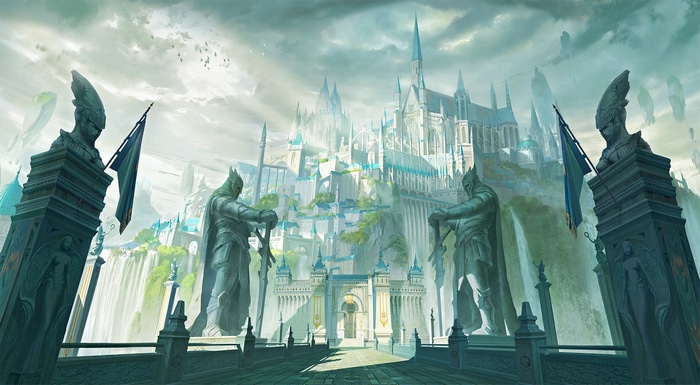 Fantasy city with statues and castle