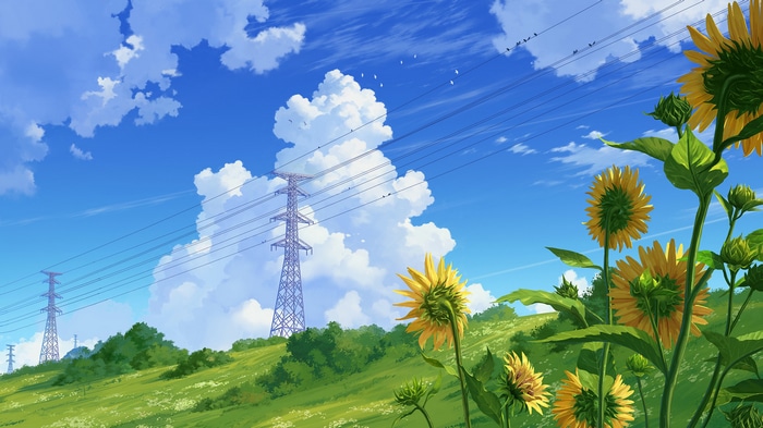 Sunflowers and power lines under a cloudy summer sky