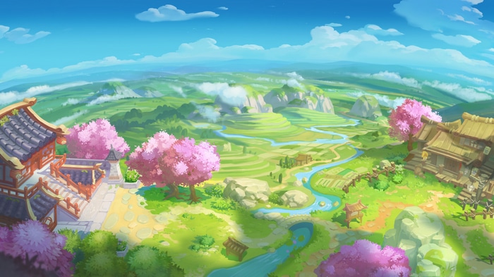 Asian landscape with traditional architecture and cherry blossoms