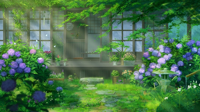 Japanese Garden with Hydrangeas and Asian Architecture