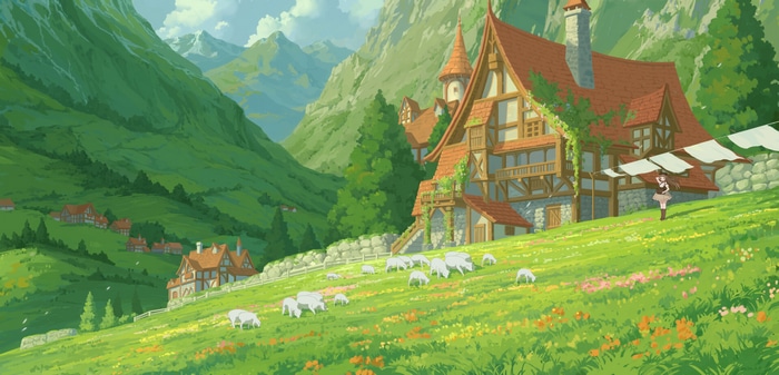 Sheep grazing in a mountain village with a girl