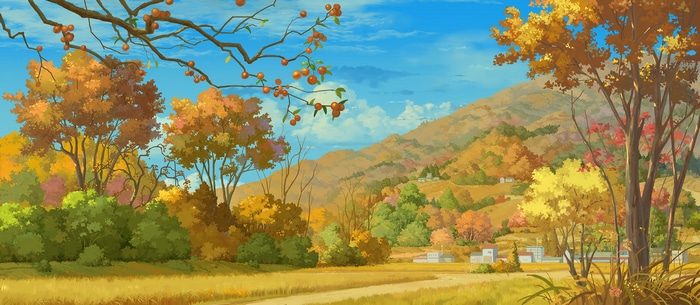 Autumn landscape with orange fruits on trees and distant mountains