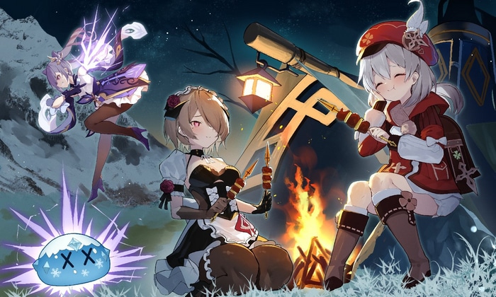 Genshin Impact characters camping by a campfire