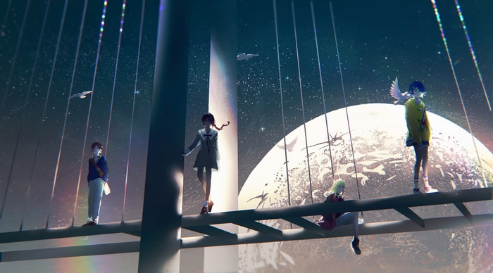 Wonder Egg Priority characters on a bridge in space