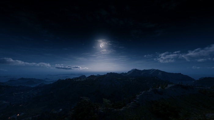 Assassin's Creed Odyssey night landscape with moon and mountains