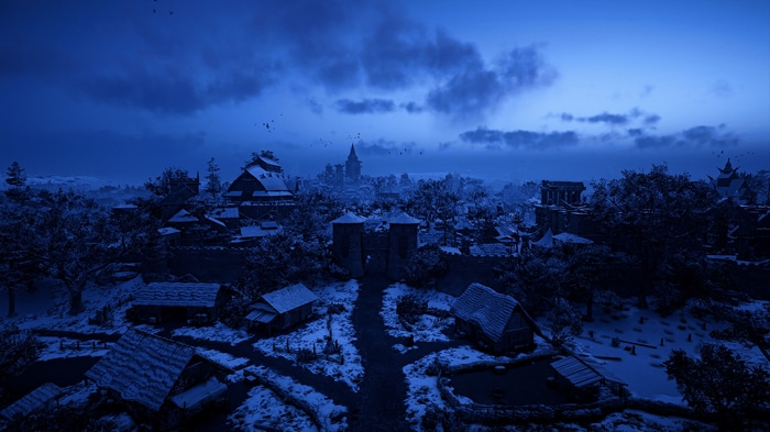 Assassins Creed Valhalla: Snow-covered village at dusk