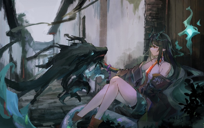 Arknights Dusk with a dragon