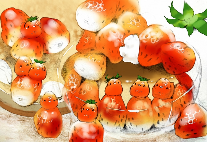 Cute strawberry characters with a green leaf