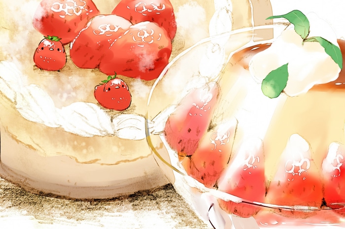 Cute strawberry characters on a cake and in a dessert