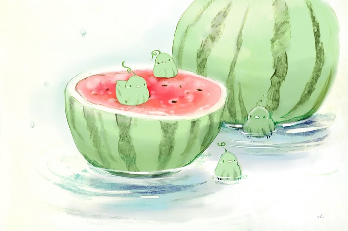 Cute birds swimming in watermelons