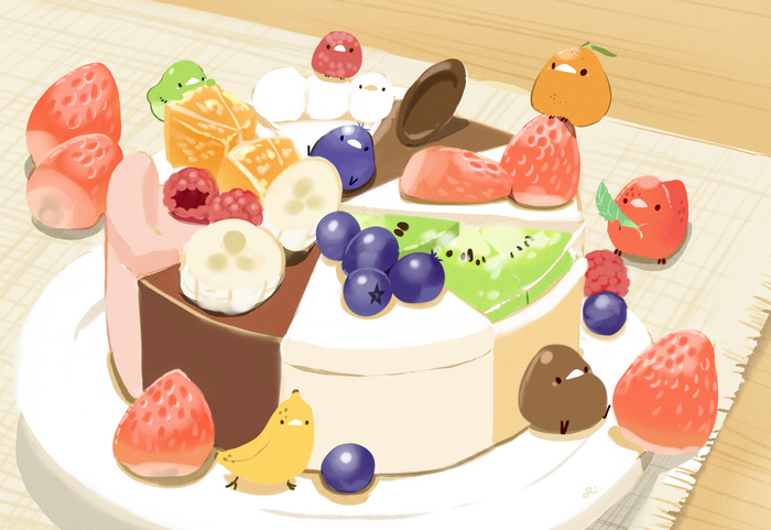 Cute fruit cake with bird-like characters