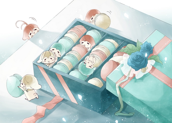Cute characters in a box of macarons