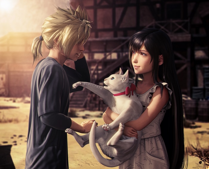 Cloud and Tifa with a cat in Final Fantasy VII