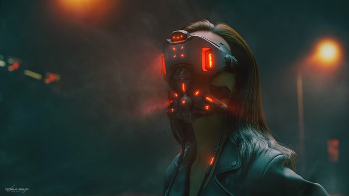 Cyberpunk woman wearing a futuristic mask