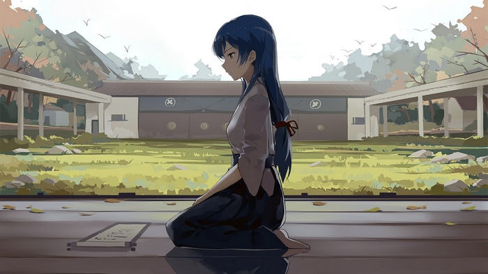 Sonoda Umi kneeling in traditional Japanese clothes