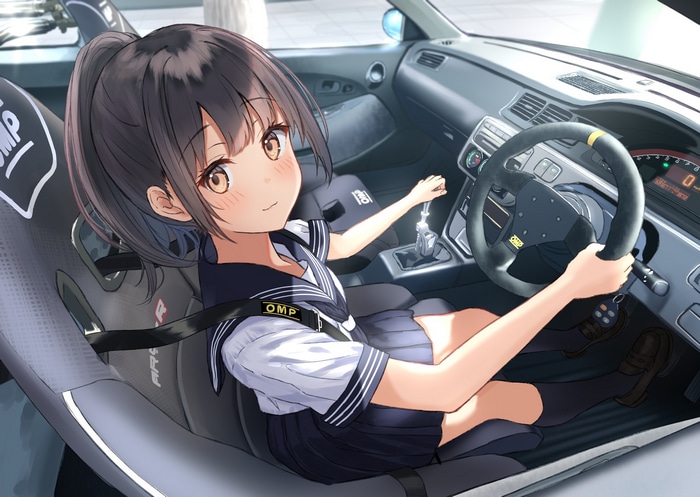Anime girl in school uniform driving a Honda S2000