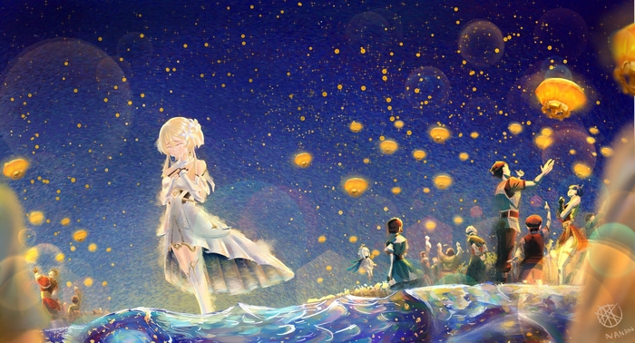 Lumine and friends releasing lanterns in Genshin Impact