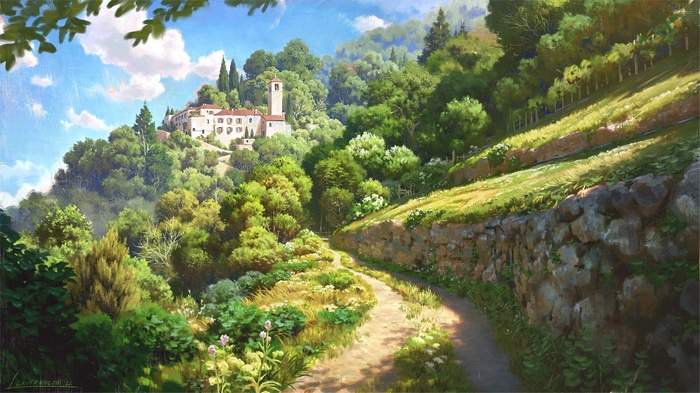Lorenzo Lanfranconi painting of a monastery on a hill