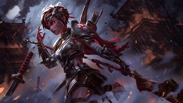 Warrior woman with sword and arrows in the rain