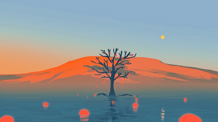 4K landscape with tree, sun, mountains, and water