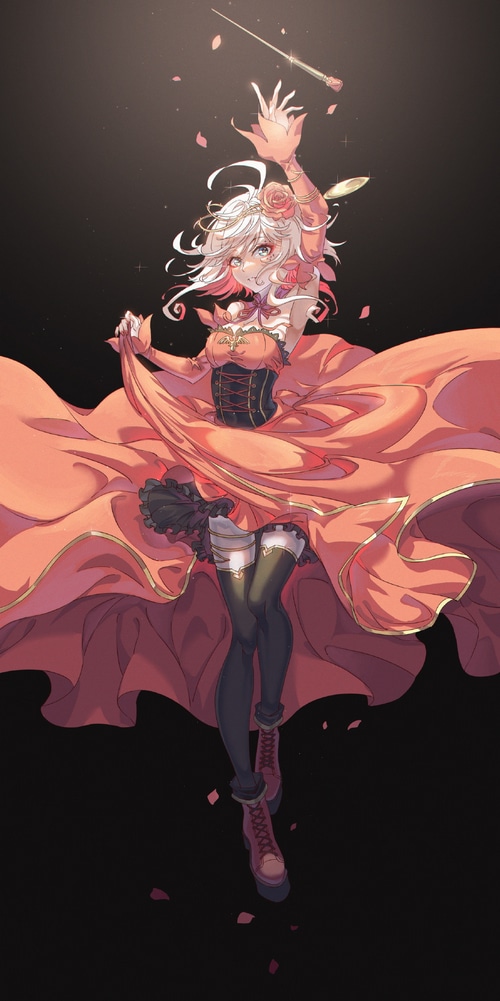 Takt Op. Destiny girl in orange dress with conductor's baton