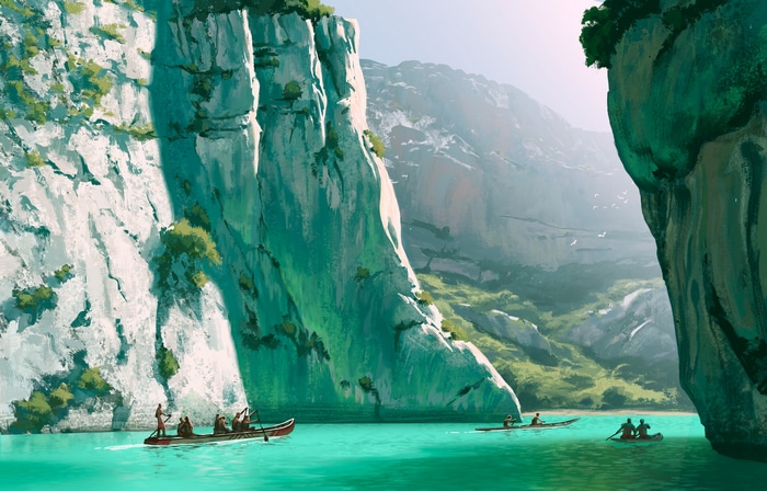 People in canoes on a turquoise river between cliffs