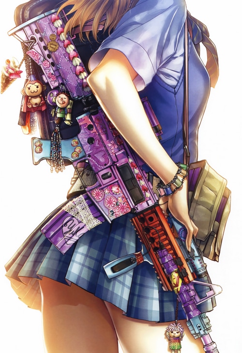 Girl in school uniform with decorated assault rifle