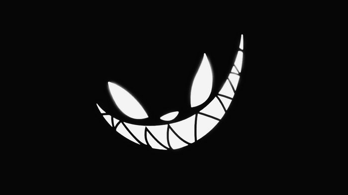 A stylized evil grin on a black background