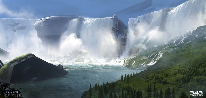 Halo Infinite concept art of waterfalls and ruins