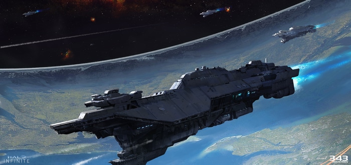 Halo Infinite concept art of spaceships near a ringworld