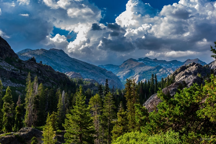 4K valley landscape with forest and mountains in California