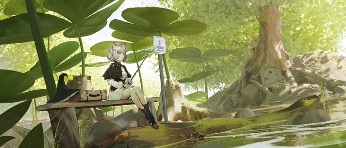 Girl with animal ears fishing by a treehouse